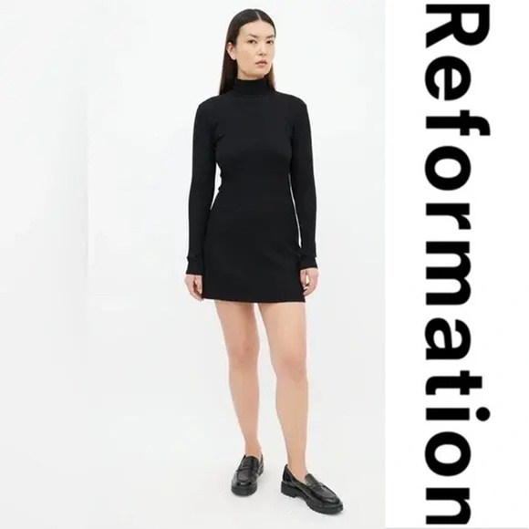 Reformation Dresses & Skirts - REFORMATION | Navy Blue Ribbed Mock Neck Long Sleeve Bodycon Mini Dress | Size S